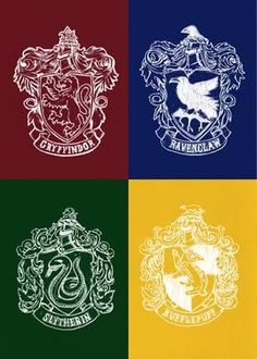 four harry potter crests are shown in different colors and sizes, including red, yellow, green, blue, and white