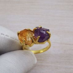 Rough Citrine Ring, Amethyst Ring, Prong Set Ring, Brass With Gold Plated Ring, Amethyst Rings, For Her, Birthday Gift, Size 8US, CLY718 Gemstone - Rough Amethyst & Citrine Weight - 5.4gm Stone Size- 10x12mm Approx Metal - Brass With Gold Plated Amethyst And Citrine Ring, Amethyst Rings, Amethyst And Citrine, Tanzanite Pendant, Get Engaged, Purple Band, Midi Rings, Citrine Ring, Set Ring