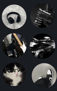 there are four different pictures with black and white images on them, one has a cat wearing headphones while the other has a guitar