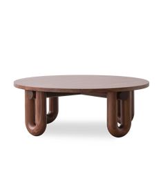 an oval wooden table with two circular legs