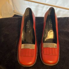 Gorgeous And On Trend Gucci Pumps From The ‘90’s. Purchased In Paris. Some Wear On Soles And Heels. Very Structured Leather. Size 39 1/2 C. No Box Or Dust Bag. Gucci Square Toe Heels For Formal Occasions, Gucci Formal Heels With Square Toe, Gucci Formal Square Toe Heels, Gucci Leather Heels With Red Sole, Gucci Red Leather Heels, Red Gucci Leather Heels, Gucci Pumps, Shoes Vintage, Gucci Shoes