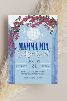 a blue and white party card with flowers on it