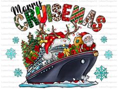 a cruise ship with santa clause and reindeers on it's back, surrounded by christmas