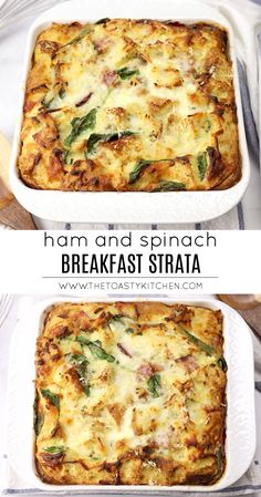 two images of ham and spinach breakfast strata in white casserole dishes