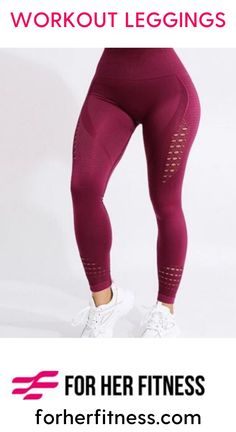 a woman in purple leggings with the words, workout leggings for her fitness