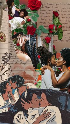 two women kissing each other in front of a collage of images with roses on them