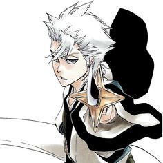 an anime character with white hair wearing black and white clothes, holding a star in his hand