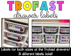 several different containers with name labels on them and the words trofastt drawn in large letters