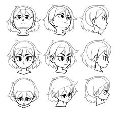 an anime character's head with different facial expressions and hair styles, all drawn in one