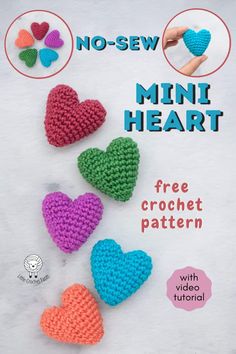 three crocheted hearts with the text no sew mini heart free crochet pattern