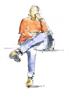 a drawing of a person sitting on a bench