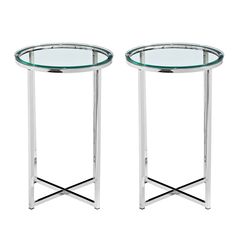 pair of chrome and glass side tables