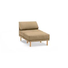 a small chaise lounge chair with wooden legs and a beige fabric cover on the back