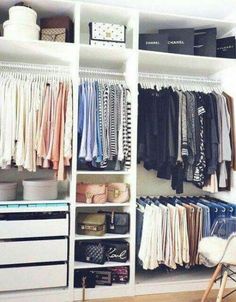 an organized closet with clothes and shoes