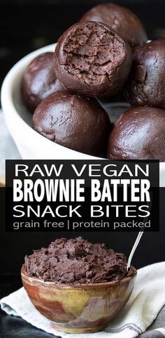 raw vegan brownie batter snack bites in a bowl with the text overlay