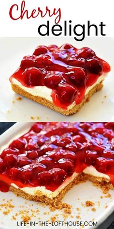 cherry delight cheesecake on a white plate with the words cherry delight written above it