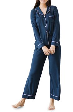 These breathable and stretchy pajamas are the perfect go-to on chilly nights when you just want to snuggle. Top has notched collar; long sleeves 95% viscose, 5% spandex Machine wash, tumble dry Imported Comfortable Long Sleeve Sleepwear For Pajama Party, Comfortable Long Sleeve Sleepwear, Long Sleeve Relaxed Fit Sleepwear, Relaxed Fit Long Sleeve Sleepwear, Fall Long Sleeve Lounging Sleepwear, Comfortable Long Sleeve Sleepwear For Relaxation, Relaxed Fit Long Sleeve Sleepwear For Pajama Party, Blue Long Sleeve Sleepwear For Relaxation, Relaxed Fit Long Sleeve Sleepwear For Fall