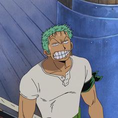 an anime character with green hair and white shirt