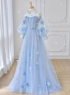 Gaun Tulle, Hydrangea Dress, डिजाइनर कपड़े, Prom Dress Blue, Lace Long Prom Dress, Dream Prom, Light Blue Dress, A Line Evening Dress, Tulle Evening Dress