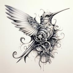 a drawing of a bird with wings and wheels on it's back, flying through the air