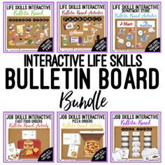 the interactive life skills bulletin board bundle is shown in purple and white with black lettering