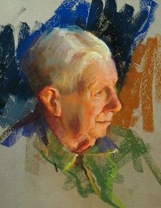 a painting of an older man with white hair and green shirt looking off to the side