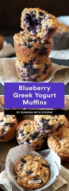 blueberry granola muffins stacked on top of each other with text overlay