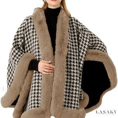 Lasaky - Houndstooth Pattern Cape Coat with Luxurious Fuzzy Trim, Stylish Open Front Outerwear for Women Cape Coat Pattern, Mantel Cape, Chic Winter Coat, Scarf Cape, Plaid Shawl, Plaid Poncho, Wool Shawl, Cape Coat, Shawl Scarf