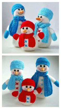 crocheted snowmen with hats and scarfs are shown in three different photos