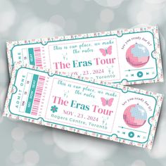 two tickets for the eras tour are shown on a gray background with pink and green accents