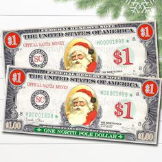 two christmas bills with santa claus on them