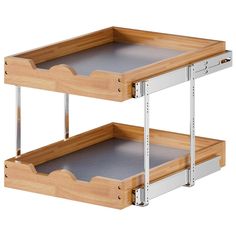 two wooden trays with metal handles on each side, one is open and the other is closed