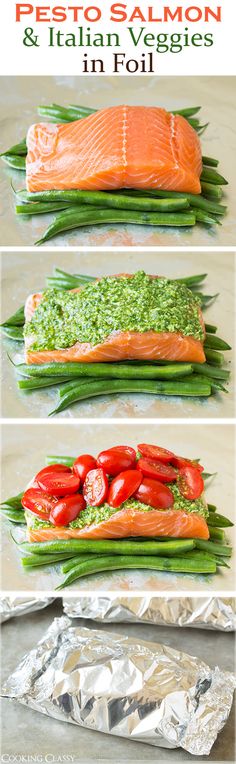 how to make pesto salmon and italian veggies in foil - step by step instructions