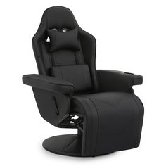 the reclining chair is shown in black leather