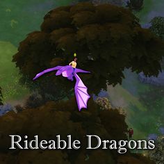 a purple dragon flying over a lush green forest