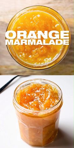 an orange marmalade in a glass jar with the words orange marmalade above it