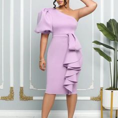 Ruffle one shoulder sleeve knee length party dress ate045. Click to shop now. Free stable shipping world-wide! English Clothes, Mid Skirt, One Shoulder Midi Dress, Bodycon Dress With Sleeves, Office Dress, Ruffles Fashion, Flounced Dress, Elegant Dresses For Women, Style Upgrade