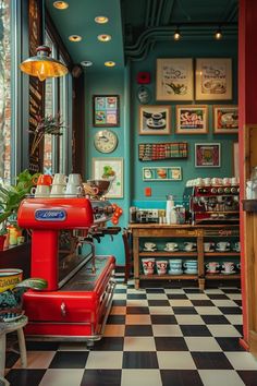 an old fashioned coffee shop with checkered flooring and red machine in the foreground