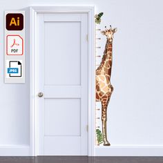 a giraffe standing in front of a door with a ruler on it's side