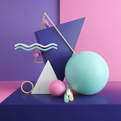 an abstract composition with balls, scissors and other items on a purple surface against a pink background