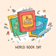 the world book day logo is surrounded by books