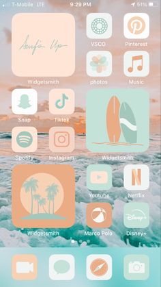 an iphone screen with the icons displayed on it, including beach scenes and palm trees