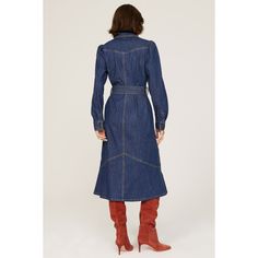 Blue denim (91% Cotton, 8% Polyester, 1% Spandex). Denim Shirt Dress. Long sleeves. Collar. Front button closure. 45.5" from shoulder to hemline. Imported. Fitted Denim Top With Pockets For Work, Button-up Denim Dress For Workwear, Fitted Button-up Denim Dress For Work, Fitted Denim Blue Belted Denim Dress, Fitted Belted Denim Dress In Denim Blue, Fitted Denim Top For Spring Workwear, Dark Wash Denim Dress For Fall, Fitted Denim Blue Top For Work, Fitted Denim Blue Top For Fall