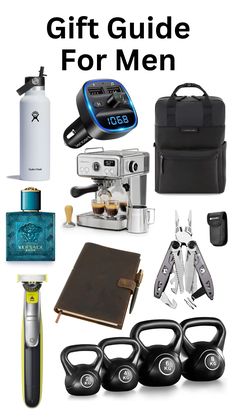 the ultimate gift guide for men is on display in front of a white background with black and