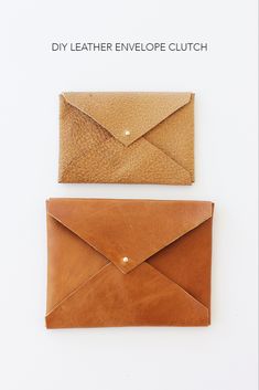 two leather envelopes sitting next to each other on top of a white surface with the words diy leather envelope clutch