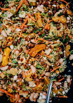 a salad with beans, carrots, and other vegetables in a black skillet