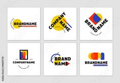 six different logos for company name and brand name on white paper with blue, yellow, red