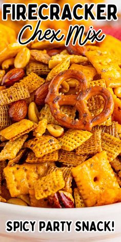 a bowl filled with cheesy party snack mix