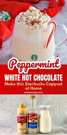 peppermint white hot chocolate in a glass mug with whipped cream and cinnamon on top