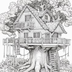 a tree house that is built into the side of a large tree with stairs to it